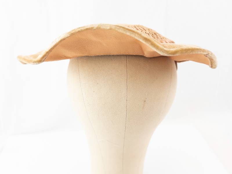 lot 51 image: Vintage Beige Lacey Hat with Braided Crown and Ribbon Bow