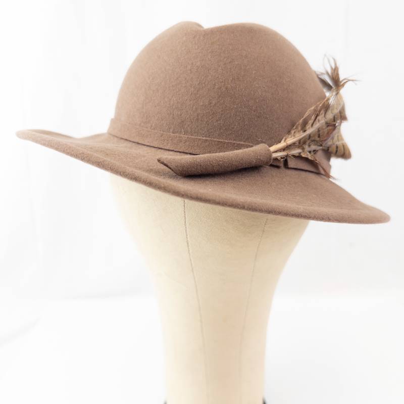 lot 52 image: Fedora Hat - Brown Felt with Feather Accent 100% Wool