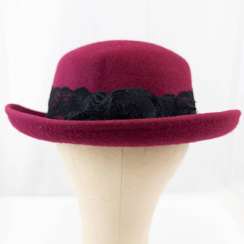 lot 60 image: Fedora Hat - Burgundy Wool Felt with Black Lace Band