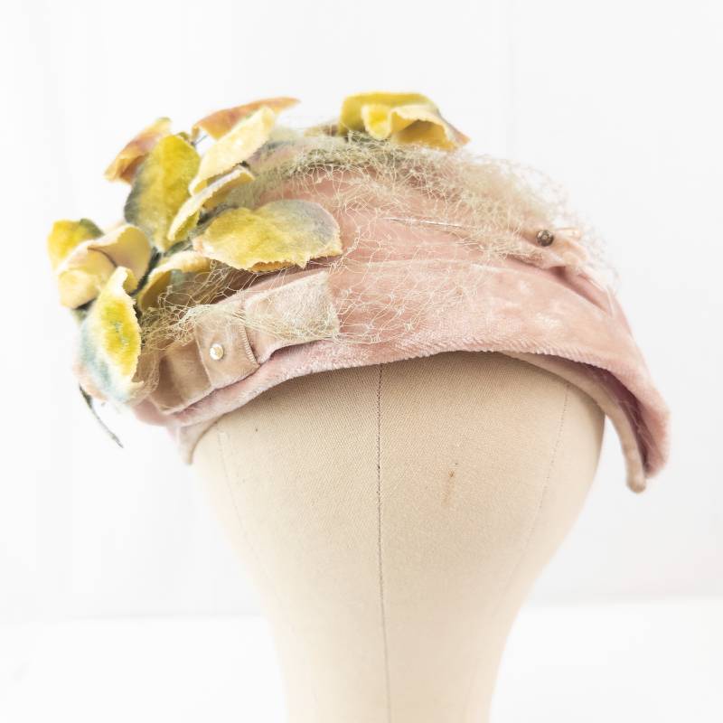 lot 75 image: Vintage Pink Velvet Hat - Floral Yellow Leaves with Netting