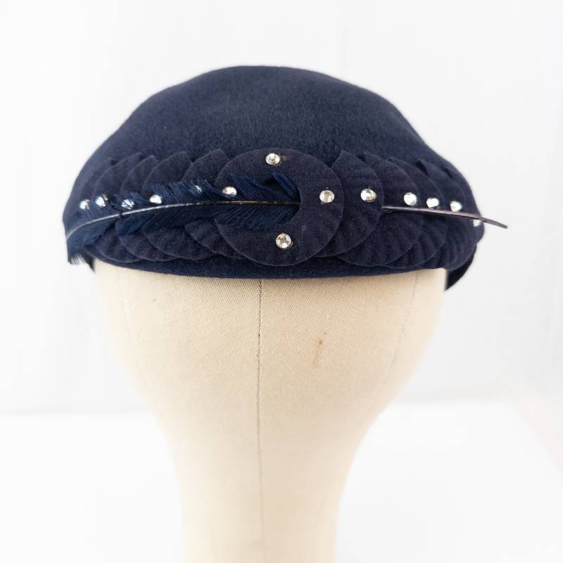 lot 83 image: Genuine Velour Navy Beret with Rhinestone Rosette Trim & Feather