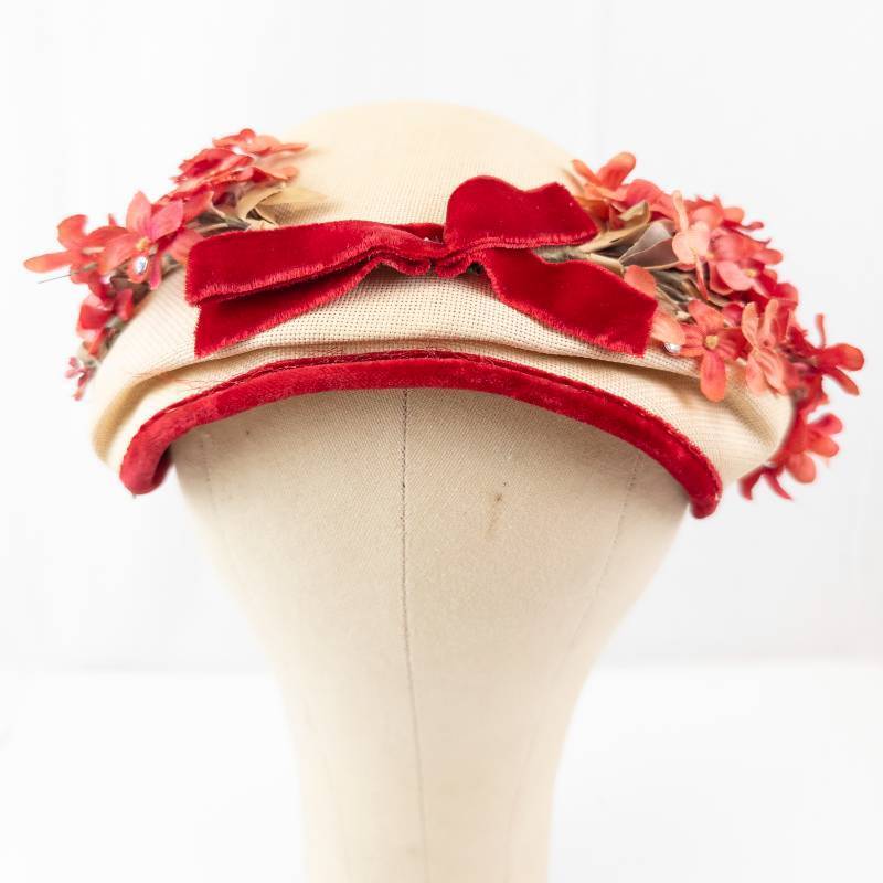 lot 87 image: Floral Fascinator Headpiece - Pink Coral Flowers & Red Velvet Trim