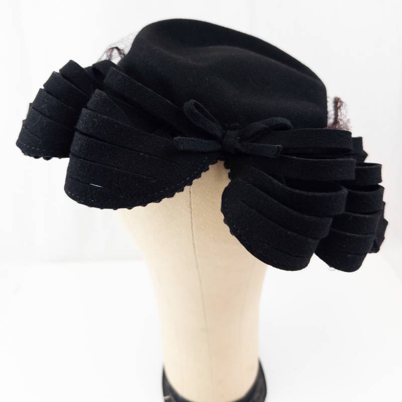 lot 88 image: Black Felt Cloche Hat - Ribbon Loop Accent & Netting