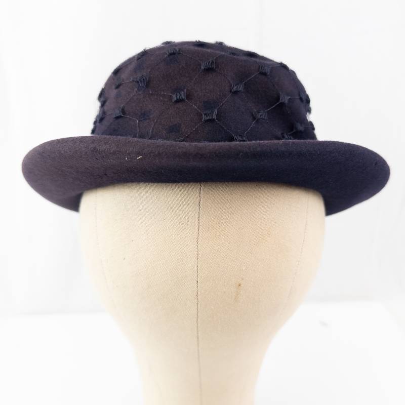 lot 90 image: Navy Felt Cloche Hat - Net Overlay with Ribbon Bow