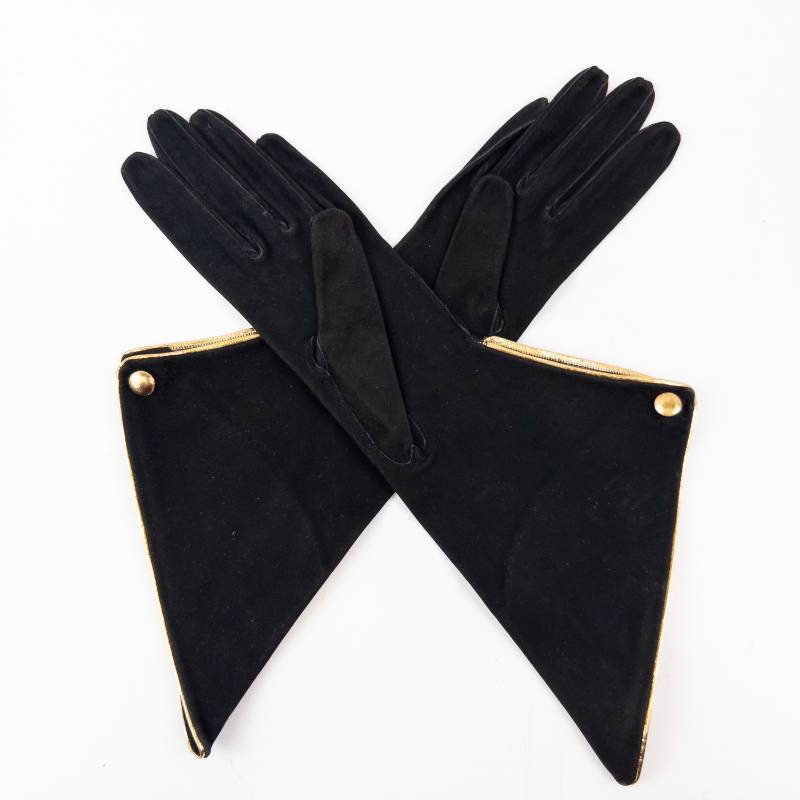 lot 97 image: Ladies Vintage  Black Opera Gloves - Long Evening Gloves With Gold Trim