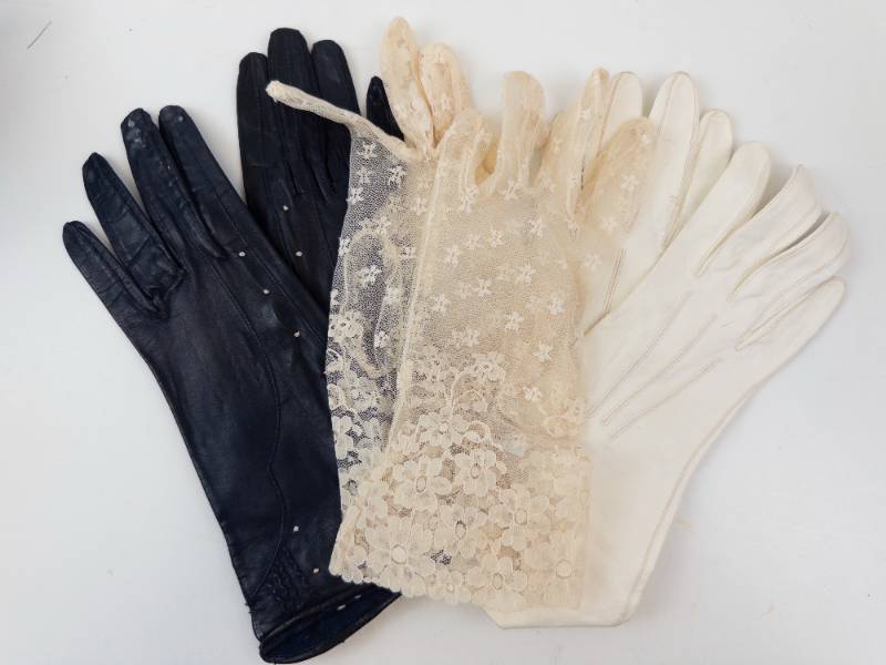 lot 98 image: Ladies Vintage Dress Gloves - Black Leather, Beige Lace & White Dress (Lot of 3 pairs)