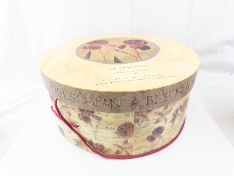 lot 229 image: MENDELSSOHN & M Round Hat Box - Floral & Music Print, La Serenade & Beethoven