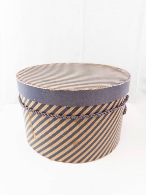 lot 237 image: Hat Box - Navy & Beige Diagonal Stripes, Cylindrical with Rope Handles