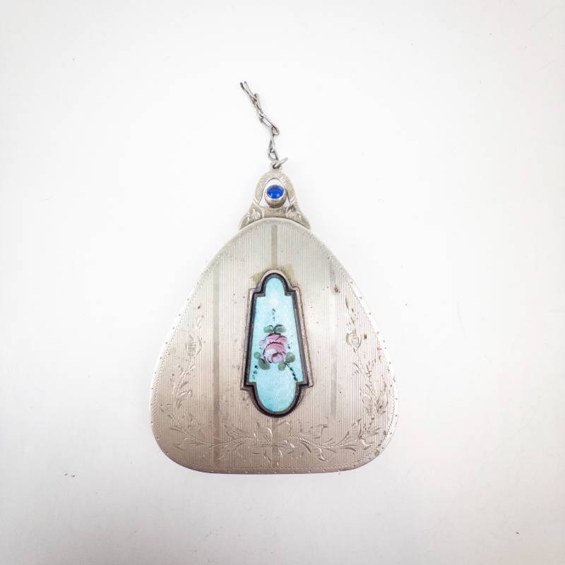 lot 271 image: Makeup Compact - Vintage Silver-Tone Teardrop With Blue Cabochon And Floral Engraving