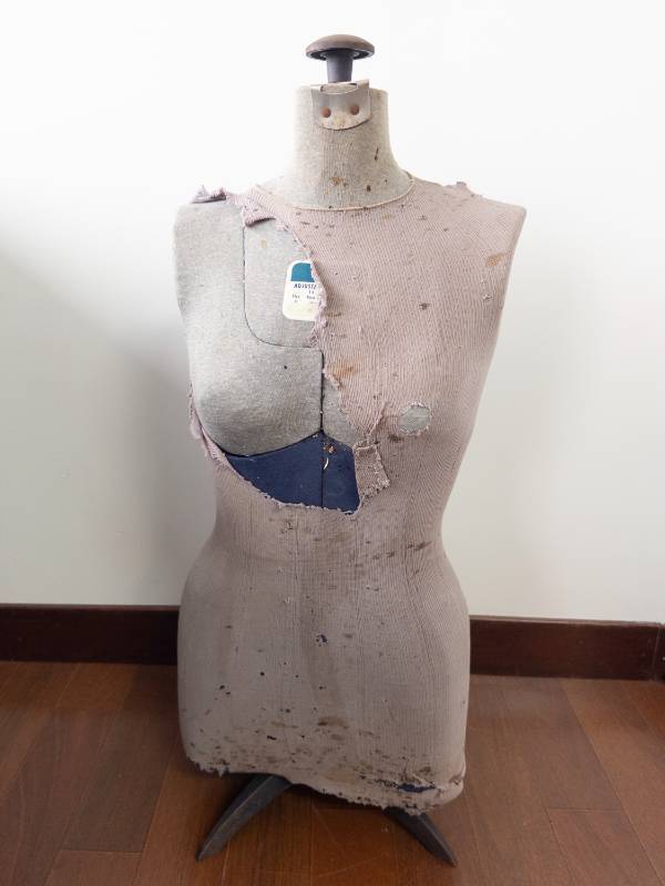lot 213 image: Adjustable Dress Form Mannequin - Vintage Studio Prop with Torn PinkGray Cover