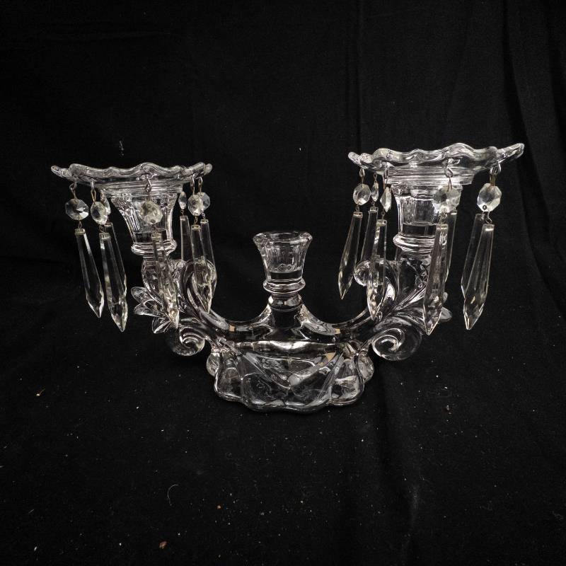 lot 1 image: Crystal Two-Arm Candelabra with Hanging Prism Drops