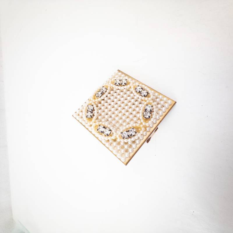 lot 274 image: Vintage Lipstick Case - Gold-Tone with Pearl-Embellished Lid & Mirror