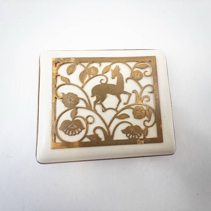 lot 278 image: Cigarette Holder Case - Gold-Tone with Ornate Floral Scrollwork & Horse Motif