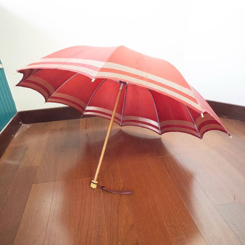lot 2A image: Vintage Red Umbrella With Wooden Shaft - Canopy With White Stripes Edge