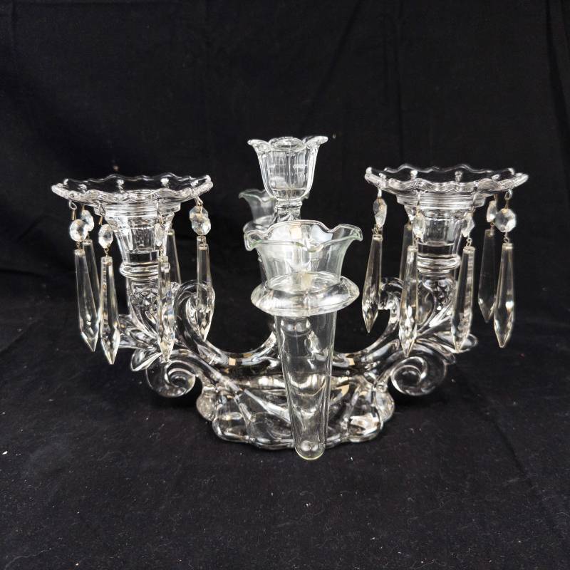 lot 1 image: Crystal Two-Arm Candelabra with Hanging Prism Drops