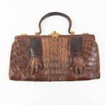 Vintage Crocodile-Pattern Leather Handbag - Gold-Tone Clasp - Brown