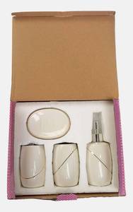 lot 4 image: Piper & Home   4-Piece Mosaic Pattern Ceramic Bath Set White with gold highlights