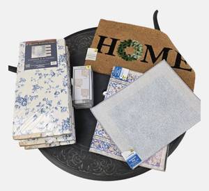 lot 82 image: Spring Cleaning Miscellaneous Items, including Rugs, Storage Chests, and Wall Sconces.