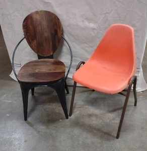 lot 64 image: 1 Orange School Style Chair 1 Wood and Metal Side chair