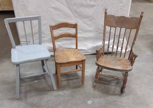 lot 49 image: 3 Vintage Childrens Chairs 1 Rocking