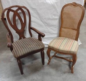 lot 51 image: Wooden Upholstered Dining Chair With Arms Wooden Upholstered Cane Back Chair