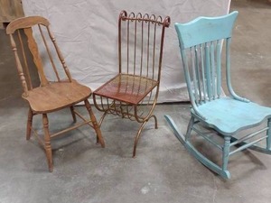 lot 53 image: 3 Vintage Chairs Rocking Chair Metal Chair Wooden Chair