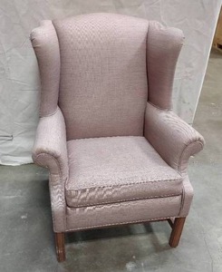 lot 58 image: Upholstered Purple Winged-Back Chair