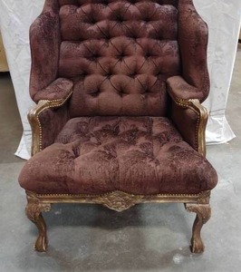 lot 61 image: French Louis XV Provincial Style Carved Winged Armchair with Brown Damask Upholstery