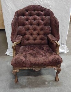 lot 62 image: French Louis XV Provincial Style Carved Winged Armchair with Brown Damask Upholstery