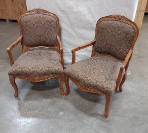 lot 21 image: Matching Antique Oak-Finish Upholstered Arm Chairs