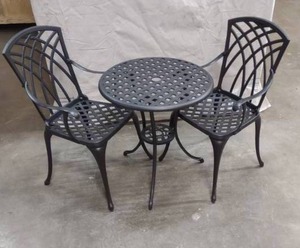 lot 32 image: Black Metal Patio Table and 2 Metal Chairs