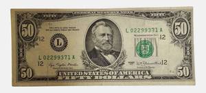 1977 - Cut Off: $50 Federal Reserve Note with an off-center seal.