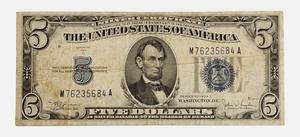 lot 4 image: 1934-C-No Motto- $5  Federal Reserve Note