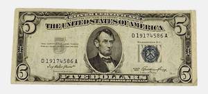 lot 14 image: 1953- $5 Federal Reserve Note