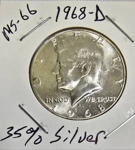 lot 54 image: 1968-D Half Dollar - Mint State 66 - 35% Silver