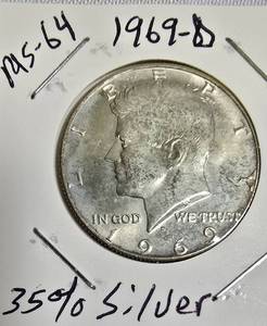 lot 55 image: 1969-D Half Dollar - Mint State 64 - 35% Silver