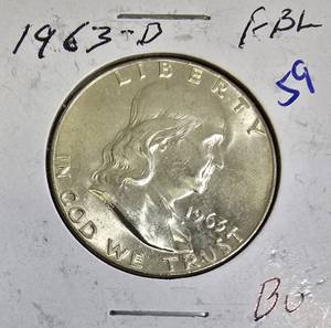 lot 59 image: 1963-D, FB (Full Bell Lines), Brilliant Uncirculated Half Dollar.