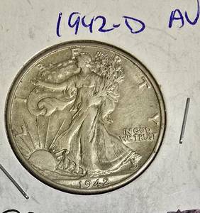 lot 65 image: 1942-D Half Dollar, graded AU (About Uncirculated).