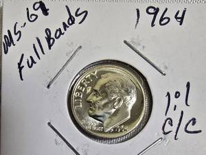 lot 78 image: 1964 Dime, graded MS-69 with Full Bands, minor colorcontrast variation.