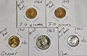 lot 80 image: Mix of coins 1963 quarter, 1961 dime, and three pennies from 1964, 1959, and 1961, with conditions listed below.