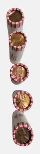 lot 90 image: Five rolls of unsearched pennies from a bank box. Dates and mint marks are unknown.