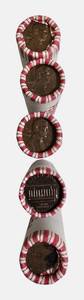 lot 95 image: Five rolls of unsearched pennies from a bank box dates and mint marks are unknown.