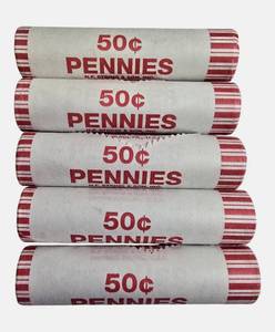 lot 97 image: Five rolls of unsearched pennies from a bank box dates and mint marks are unknown.