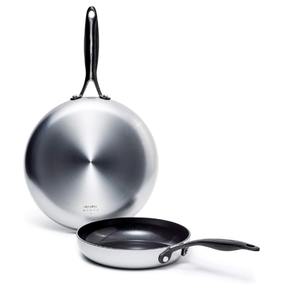 lot 48 image: GreenPan Venice Pro Noir Tri-Ply Stainless Steel Healthy Ceramic Non-Stick 26 cm and 30cm Frying Pan Skillet Set, Matte Black Handle, PFAS-Free, Induction, Oven Safe, Silver (Minor Transit Damage, See Photos)