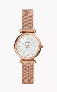 lot 70 image: Fossil Womens 28mm Carlie Mini Three-Hand Rose Gold-Tone Stainless Steel Watch (Missing Glass Cover, Maybe Needs Battery)