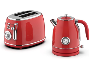 lot 80 image: MegaChef 1.7 Quart Electric Tea Kettle and 2 Slice Toaster Combo (Red)