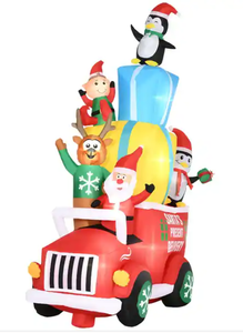 lot 102 image: 9ft Christmas Lighted Inflatables Outdoor Decorations Santa Claus Drives a Gift Car with Elk, Elf and Two Penguins