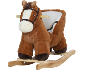 lot 104 image: Qaba Baby Rocking Horse, Kids Ride-on with Sound, Wooden Base & Safety Belt for Ages 18-36 Months, Brown