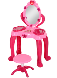 lot 115 image: Qaba Kids Vanity Set with Mirror and Stool, Light and Sound, 15 Accessories, Pink
