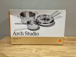 lot 126 image: Arch Studio 5-Pc. Stackable Stainless Steel Cookware Set  (Used)